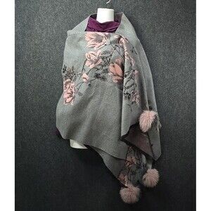 LA FIORENTINA Floral Print Fox Fur Pom-Pom Wrap Scarf 68x26